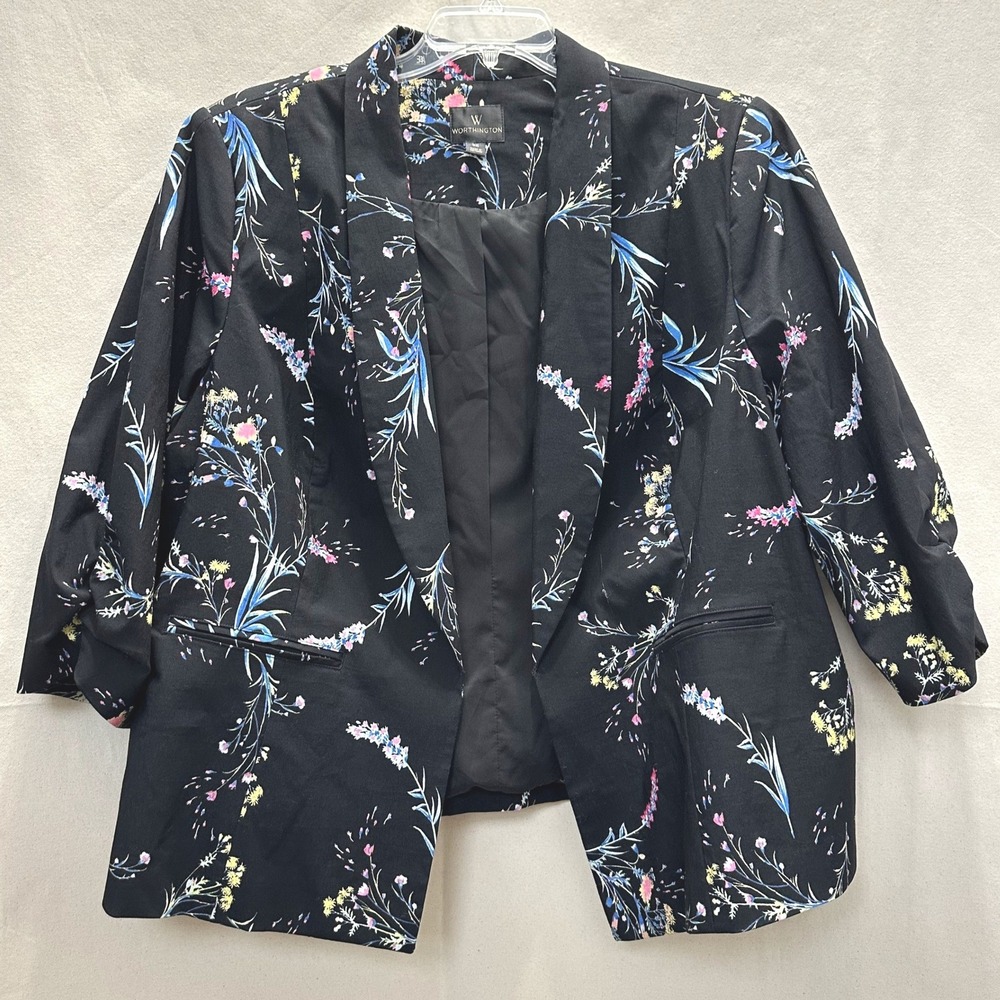 Worthington Women Plus 3X Floral Open Front Blazer 3/4 Ruched Sleeve Jacket READ